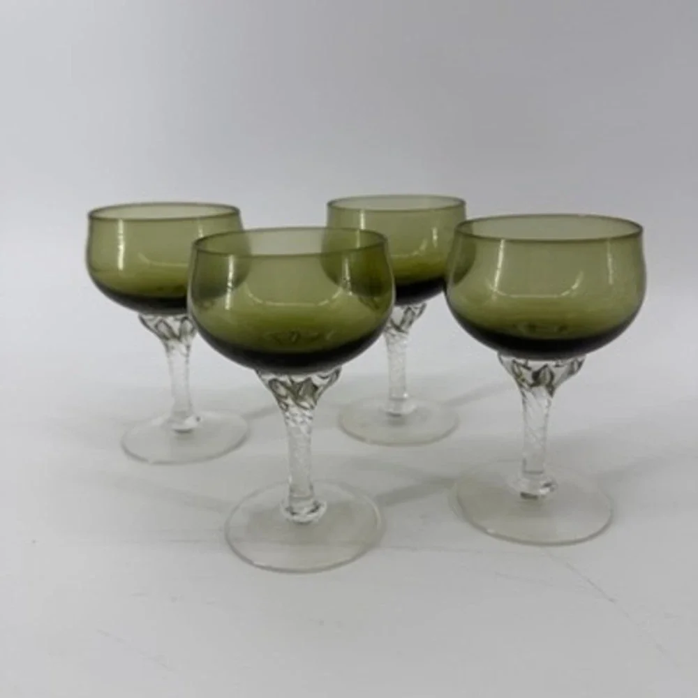 Vintage Olive Green Glass Goblets Twisted Clear Stem Set of 4 MCM Barware 4.5in